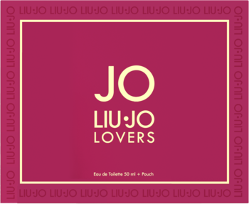 Różowe opakowanie zestawu Liu Jo Lovers Jo z wodą toaletową i kosmetyczką, złotym napisem i obramowaniem.