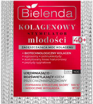 Bielenda Kolagenowy Stymulator Młodości 40+ w czerwono-srebrnej saszetce, krem przeciwzmarszczkowy, widok z przodu.