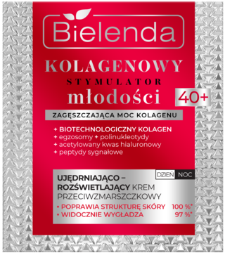 Bielenda Kolagenowy Stymulator Młodości 40+ w czerwono-srebrnej saszetce, krem przeciwzmarszczkowy, widok z przodu.