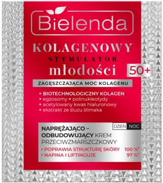 Bielenda Kolagenowy Stymulator Młodości 50+ krem przeciwzmarszczkowy, czerwono-srebrne opakowanie, widok z przodu.