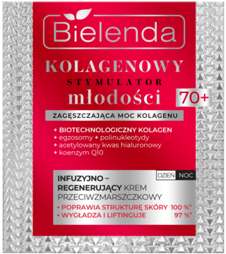 Bielenda Kolagenowy Stymulator Młodości 70+ przeciwzmarszczkowy krem, czerwona saszetka z białymi napisami.