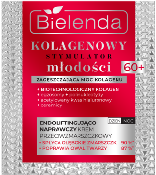 Bielenda Kolagenowy Stymulator Młodości 60+ krem przeciwzmarszczkowy na dzień/noc, srebrno-czerwone opakowanie, widok przód.