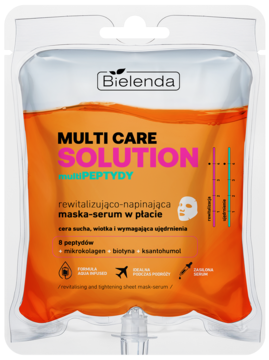 Bielenda Multi Care Solution multipeptydowa maska w płachcie, pomarańczowa saszetka w kształcie kroplówki, widok z przodu.