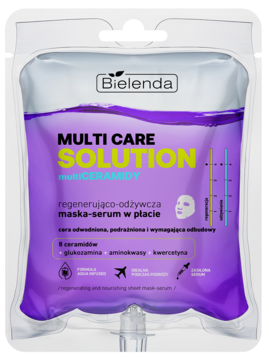 Maska Bielenda Multi Care Solution w fioletowej saszetce w kształcie kroplówki, z ceramidami i aminokwasami.