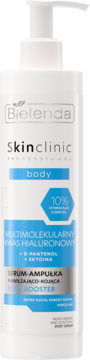 Bielenda Skinclinic Body Serum-Ampułka, biała butelka z pompką, widok z przodu, z kwasem hialuronowym.