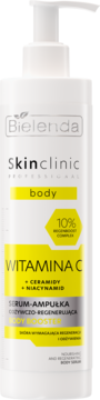 Bielenda Skinclinic Professional Body Serum-ampułka z witaminą C, biała butelka z pompką, widok z przodu.