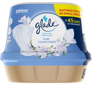 Glade Pure Clean Linen żel do łazienki, niebieskie opakowanie z kwiatami, 45 dni świeżości, widok z przodu.