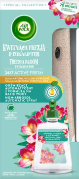 Air Wick Freesia Bloom & Eucalyptus non-aerosol automatic spray refill. Clear bottle, floral label, with dispenser.
