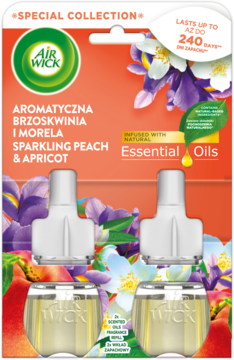 Air Wick Special Collection: 2 wkłady zapachowe Sparkling Peach & Apricot z olejkami, w pomarańczowo-fioletowym opakowaniu. Widok z przodu.