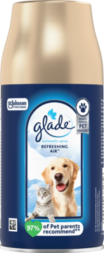Glade Automatic Spray Odświeżacz Powietrza, złoto-niebieska puszka z psim i kocim wizerunkiem, zwalcza zapachy zwierząt.