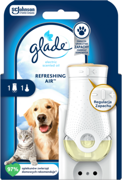 Glade elektryczny odświeżacz powietrza Refreshing Air dla zwierząt domowych, widok opakowania z dyfuzorem, psem i kotem.