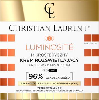 Christian Laurent Luminosité mikrosferyczny krem rozświetlający, opakowanie w bieli i złocie, widok przodem.