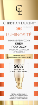 Christian Laurent Luminosité krem pod oczy na zmęczenie. Białe pudełko z pomarańczowym wzorem, logo CL, widok z przodu.