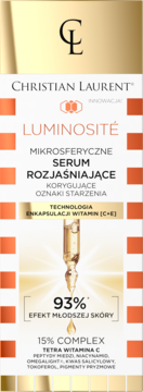 Mikrosferyczne serum rozjaśniające Christian Laurent Luminosité, opakowanie przód z ampułką, biało-złote tło.