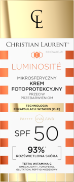 Christian Laurent Luminosité, mikrosferyczny krem SPF 50 na przebarwienia. Białe opakowanie z przodu.