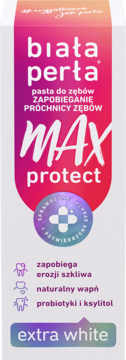 Pasta do zębów Biała Perła MAX protect Extra White, zapobiega próchnicy, biało-różowo-fioletowe opakowanie.