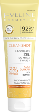 Eveline Clean Shot Łagodzący żel do mycia twarzy 2w1 z alfa glukanem, PCA i betainą, w żółtej tubie, widok z przodu.