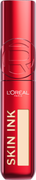 L'Oréal Paris Infaillible Skin Ink, matujący podkład i korektor w czerwonej butelce, napis Skin Ink pionowo.