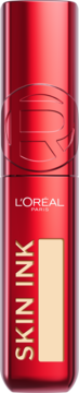 Czerwony, błyszczący podkład L'Oréal Paris Infaillible Skin Ink z beżową próbką odcienia, widok z przodu.