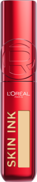 Czerwona butelka L'Oréal Paris Infaillible Skin Ink, trwały podkład z beżowym wzornikiem, widok z przodu.