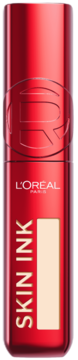 Czerwona, błyszcząca butelka L'Oréal Skin Ink: długotrwały podkład i korektor z beżowym paskiem, widok z przodu.