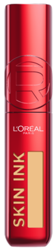 L'Oréal Skin Ink długotrwały podkład i korektor, czerwona błyszcząca butelka, pionowy widok z beżową próbką.