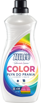 Biała butelka ZIELKO Colorwave Essence płynu do prania tkanin kolorowych, widok z przodu, tęczowa etykieta, napis COLOR.