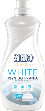 Biała butelka płynu ZIELKO Sensitive Touch White do prania białych tkanin. Widok z przodu, z napisem x38 prań.