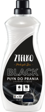 Biała butelka ZIELKO Black Płyn do prania ciemnych tkanin Midnight Dew, 1520 ml, z czarną etykietą, widok z przodu.