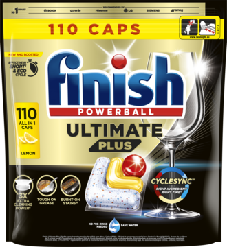 Finish Ultimate Plus Lemon, 110 kapsułek do zmywarki w czarno-złotym opakowaniu, widok z przodu.