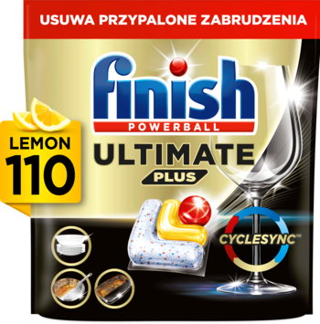 Finish Ultimate Plus Lemon 110 kapsułek do zmywarki, widok z przodu, złoto-czarne opakowanie.