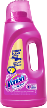 Różowy odplamiacz Vanish Oxi Action Pink w butelce z uchwytem, etykieta 'Stains Gone', widok z przodu.