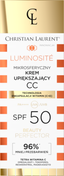 Christian Laurent Luminosité Mikrosferyczny Krem CC SPF 50, biało-złoty kartonik z pomarańczowym wzorem.