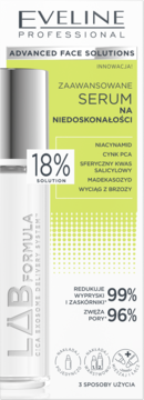 Eveline Advanced Serum na niedoskonałości 18%, białe opakowanie z zieloną grafiką i napisem Lab Formula, widok przodem.