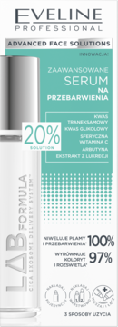 Eveline Professional Zaawansowane Serum na Przebarwienia w biało-srebrnej butelce, widok z przodu, z etykietą 20% solution.