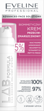 Biały krem przeciwzmarszczkowy Eveline Lab Formula w butelce z pompką, różowa etykieta z 5% kompleksem anti-age, widok przód.