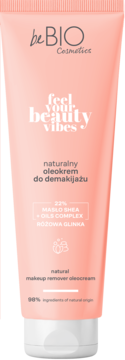 be BIO naturalny oleokrem do demakijażu w brzoskwiniowej tubce, widok z przodu, z masłem shea i glinką.