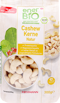 Białe opakowanie orzechów nerkowca enerBIO Natur 300g, z widocznym produktem. Bogate w magnez.