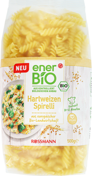 enerBiO Hartweizen Spirelli, 500g, yellow organic durum wheat pasta spirals in transparent bag, front view.