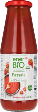 enerBiO Passata w szklanej butelce 690g, gęsty czerwony sos pomidorowy, zielone logo BIO i ilustracje pomidorów, widok z przodu.