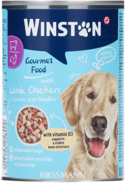 Niebieska puszka karmy Winston Gourmet Food dla psa z jagnięciną, kurczakiem i witaminą D3, widok z przodu.