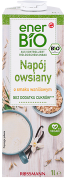 Karton EnerBiO napoju owsianego waniliowego 1L, bez dodatku cukru, wegański. Z przodu ziarna owsa i laski wanilii.