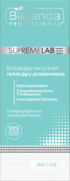 Bielenda Supremelab eksfoliujący nocny krem redukujący przebarwienia, 10% kwasów, turkusowe pudełko, widok przód.