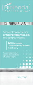 Bielenda SupremeLab Skin Tone serum, turkusowo-srebrne opakowanie z 12% Niacynamidu, na przebarwienia.