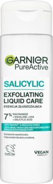 Garnier Pure Active Salicylic Exfoliating Liquid Care, biała butelka, front, z niacynamidem i AHA.