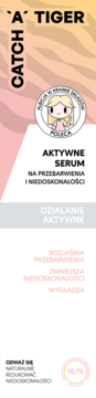 Etykieta Aktywnego Serum Catch A Tiger na przebarwienia i niedoskonałości, z rysunkową dziewczynką.