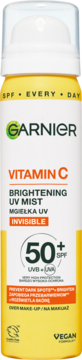 Garnier Vitamin C Mgiełka UV Invisible SPF 50+ do twarzy, żółta butelka, widok z przodu, wegańska.