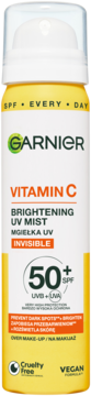 Garnier Vitamin C Brightening UV Mist SPF 50+ w żółto-białej butelce, front, invisible, na makijaż.