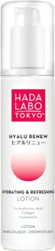 Hada Labo Tokyo Hyalu Renew, biały lotion nawilżający z kolagenem w butelce z pompką, widok z przodu.