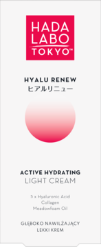 Hada Labo Hyalu Renew Lekki Krem w białym opakowaniu z różowym logo i gradientowym okręgiem, widok z przodu.